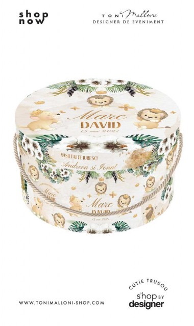 Cutie rotunda trusou botez cu un lui de leu elegant si motive jungle 2